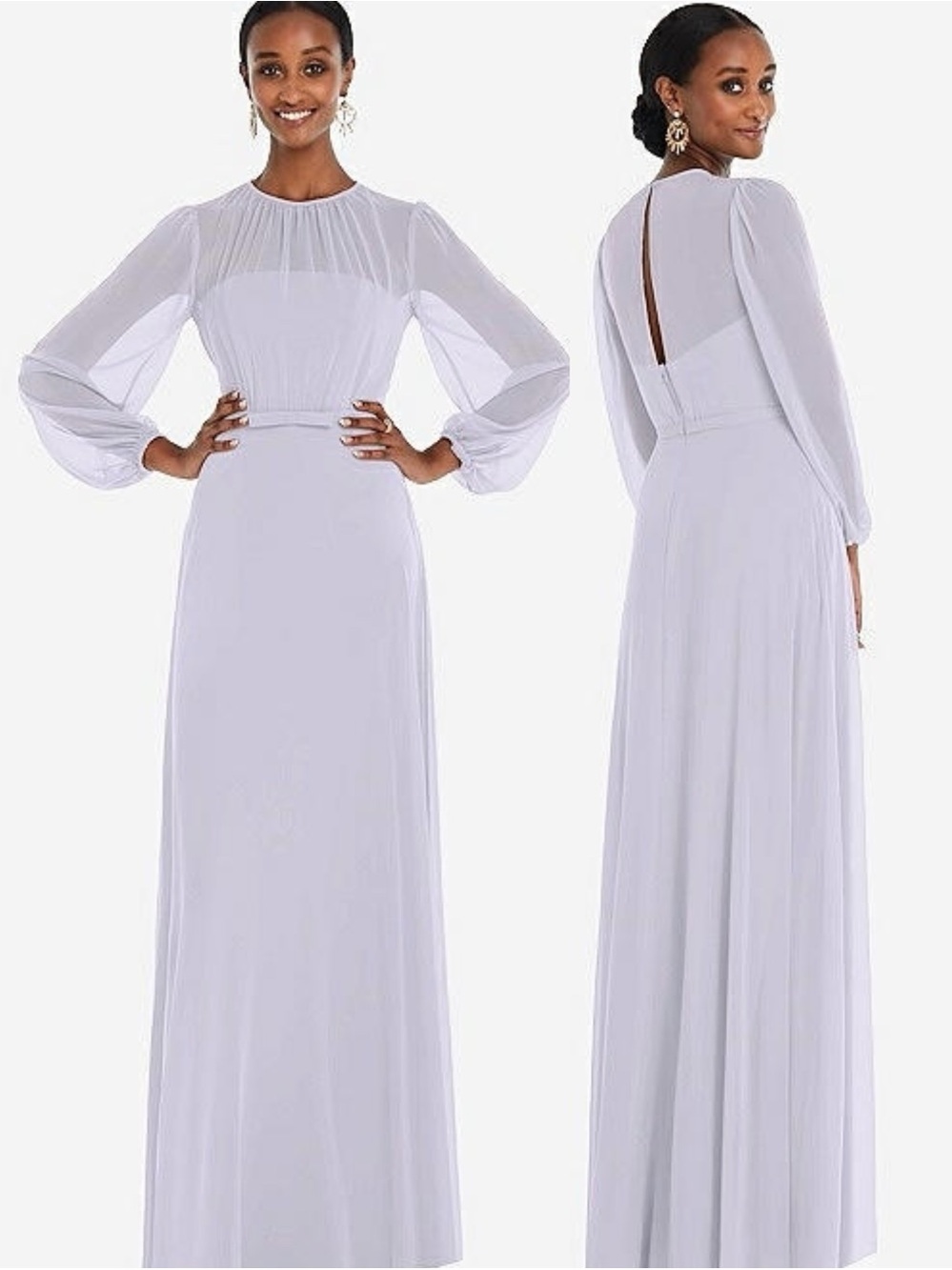 NWT Dessy Collection Bishop Long-Sleeve Chiffon Gown Silver Dove Maxi Gown 10